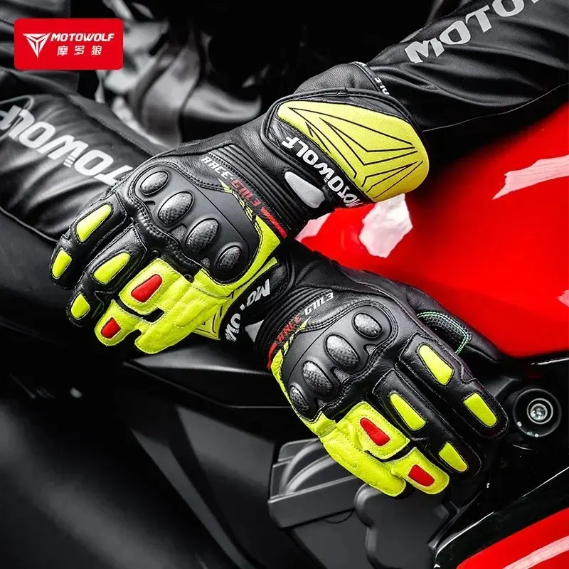 All Season Touchscreen Motorcycle Gloves GM3 for Men - Anti-Slip Genuine Leather Motocross Racing Gloves Windproof Long