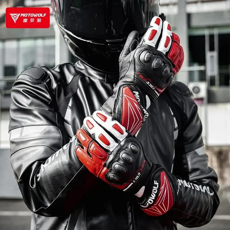 All Season Touchscreen Motorcycle Gloves GM3 for Men - Anti-Slip Genuine Leather Motocross Racing Gloves Windproof Long