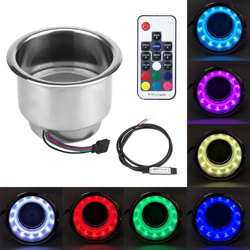 R53D Car Boats Trailer Stainless Steel Cup Drink Holders 14LED RGB Light+Remote
