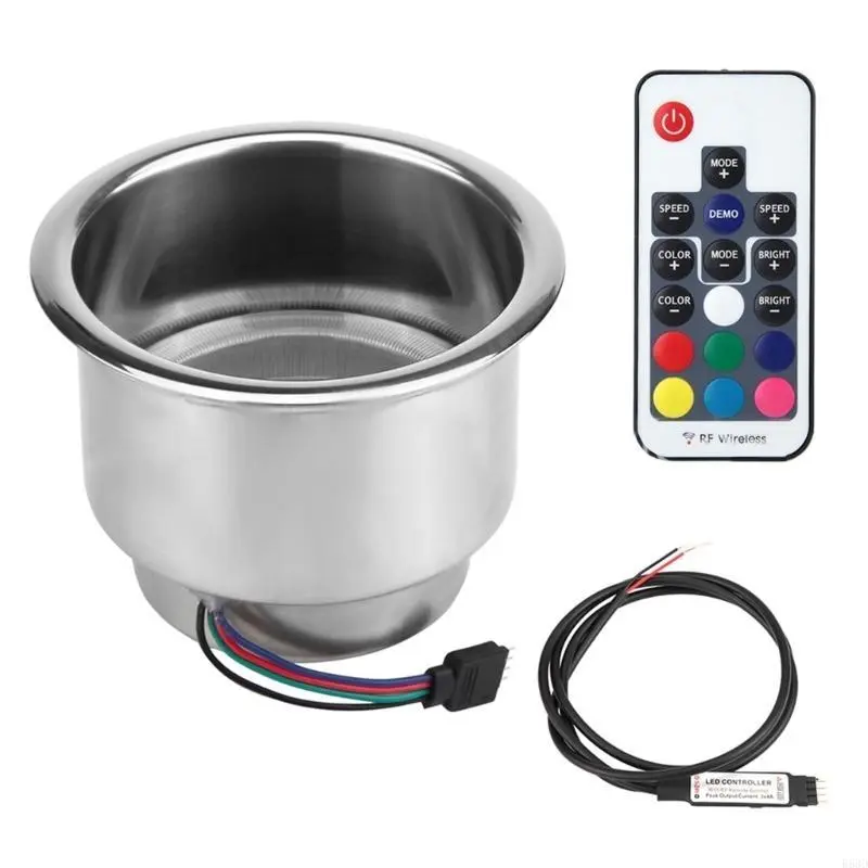 R53D Car Boats Trailer Stainless Steel Cup Drink Holders 14LED RGB Light+Remote