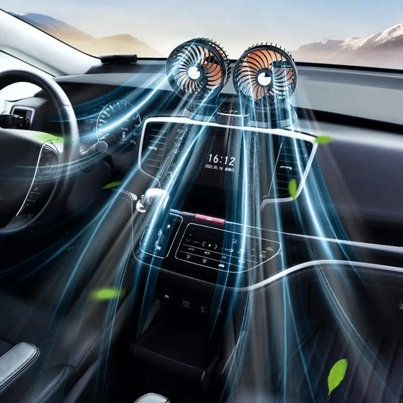R53D Simple 360° Vehicle Fan USB 5V 12V 24V Double for Head Car Fan with 2 USB Ports