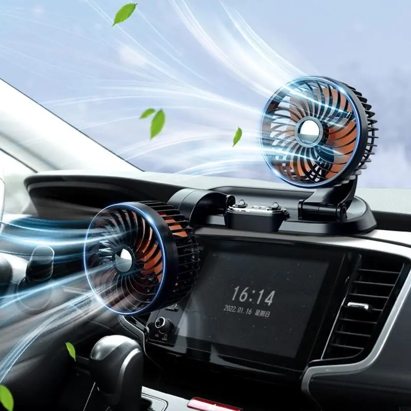 R53D Simple 360° Vehicle Fan USB 5V 12V 24V Double for Head Car Fan with 2 USB Ports