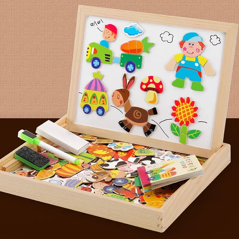 Wooden Multifunction Children Animal Puzzle Writing Magnetic Drawing Board Blackboard Learning Education Toys For Kids