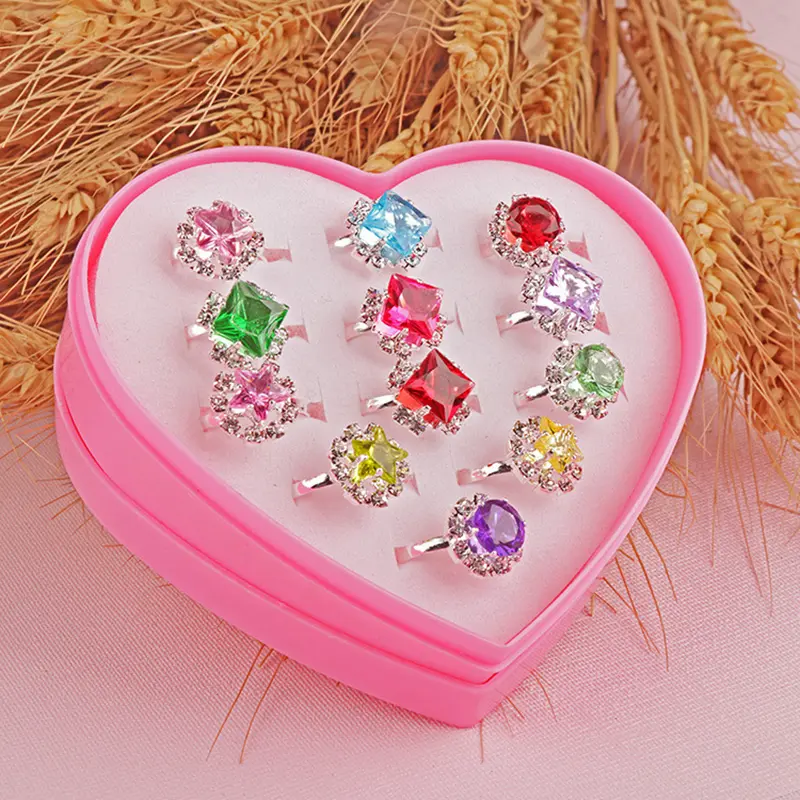 12pcs Children Rings Heart Shaped Box Cartoon Jewelry Adjustable Opening Girls Birthday Gifts Beauty Toys Pretend Play TMZ