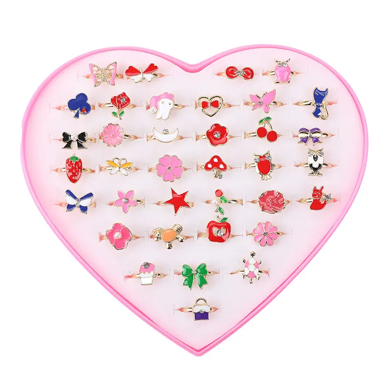 6/12/36pcs Cute Adjustable Rings for  Pretend Play Makeup Toys for Girls Cartoon Crystal Jewelry Alloy Rings Gifts for Girls