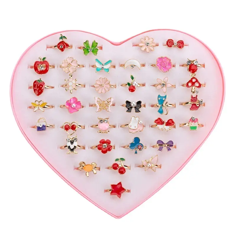 6/12/36pcs Cute Adjustable Rings for  Pretend Play Makeup Toys for Girls Cartoon Crystal Jewelry Alloy Rings Gifts for Girls
