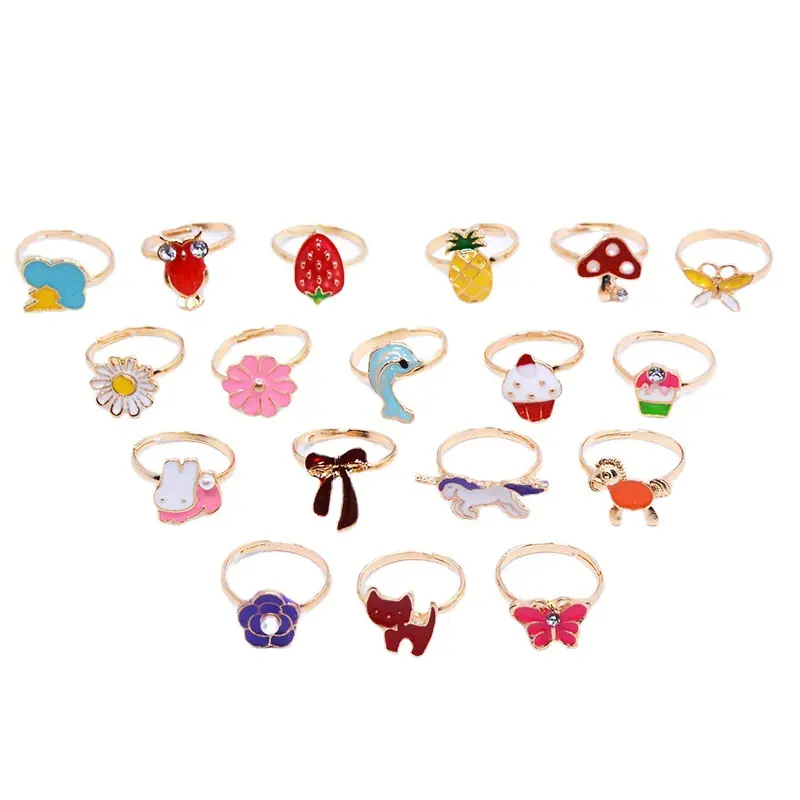 6/12/36pcs Cute Adjustable Rings for  Pretend Play Makeup Toys for Girls Cartoon Crystal Jewelry Alloy Rings Gifts for Girls