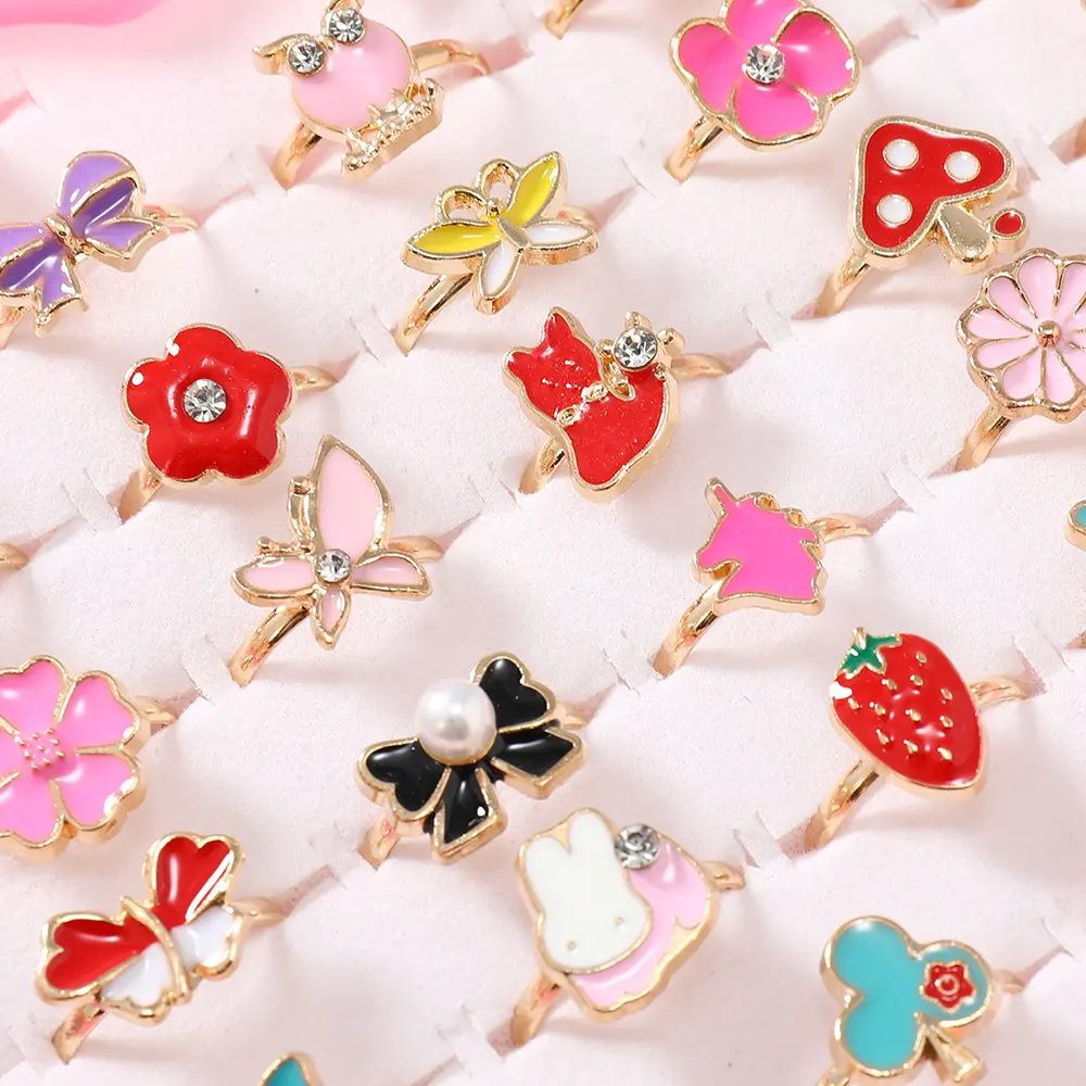 6/12/36pcs Cute Adjustable Rings for  Pretend Play Makeup Toys for Girls Cartoon Crystal Jewelry Alloy Rings Gifts for Girls