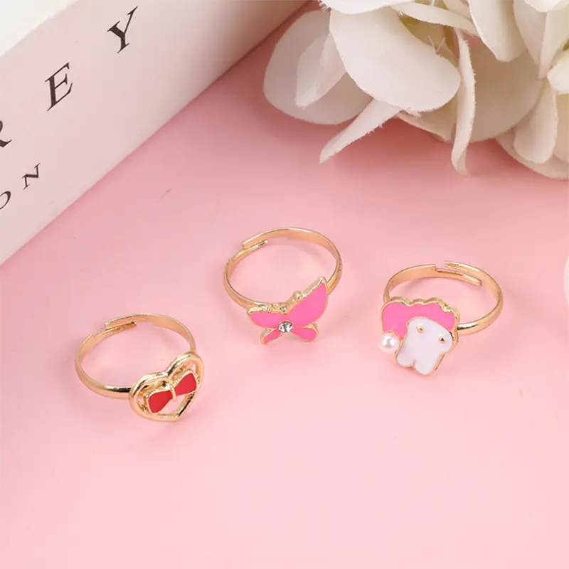 6/12/36pcs Cute Adjustable Rings for  Pretend Play Makeup Toys for Girls Cartoon Crystal Jewelry Alloy Rings Gifts for Girls