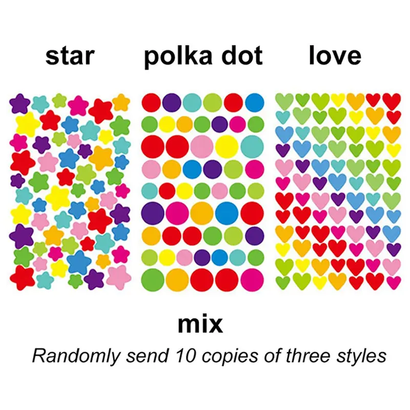 10PCS Mixed Stickers Paper Dots Heart Star Children Cute Colored Sticker Toys Album Diary Decoration Sticker Label Adhesive TMZ