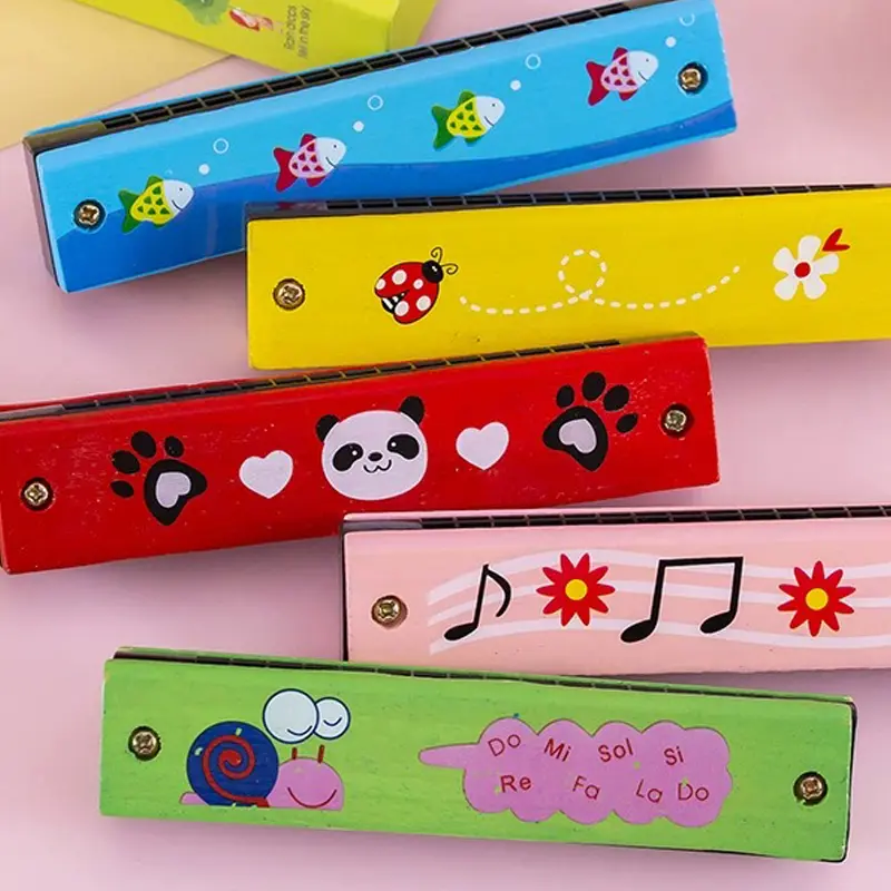 Wooden Harmonica Random 1/3/5 PCS Cute Cartoon Style Colorful Painted 16-Hole Harmonica Musical Instrument Gifts Boys Girls  ZYF