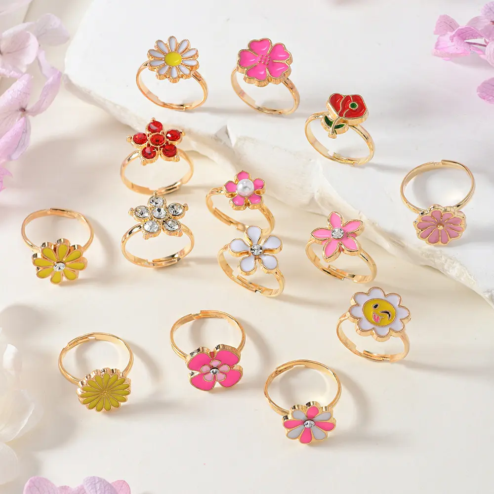 14Pcs/Box Children Cute Adjustable Rings Pretend Play Makeup Toys for Girls Gifts Flower Unicon Alloy Rings Fashion Beauty