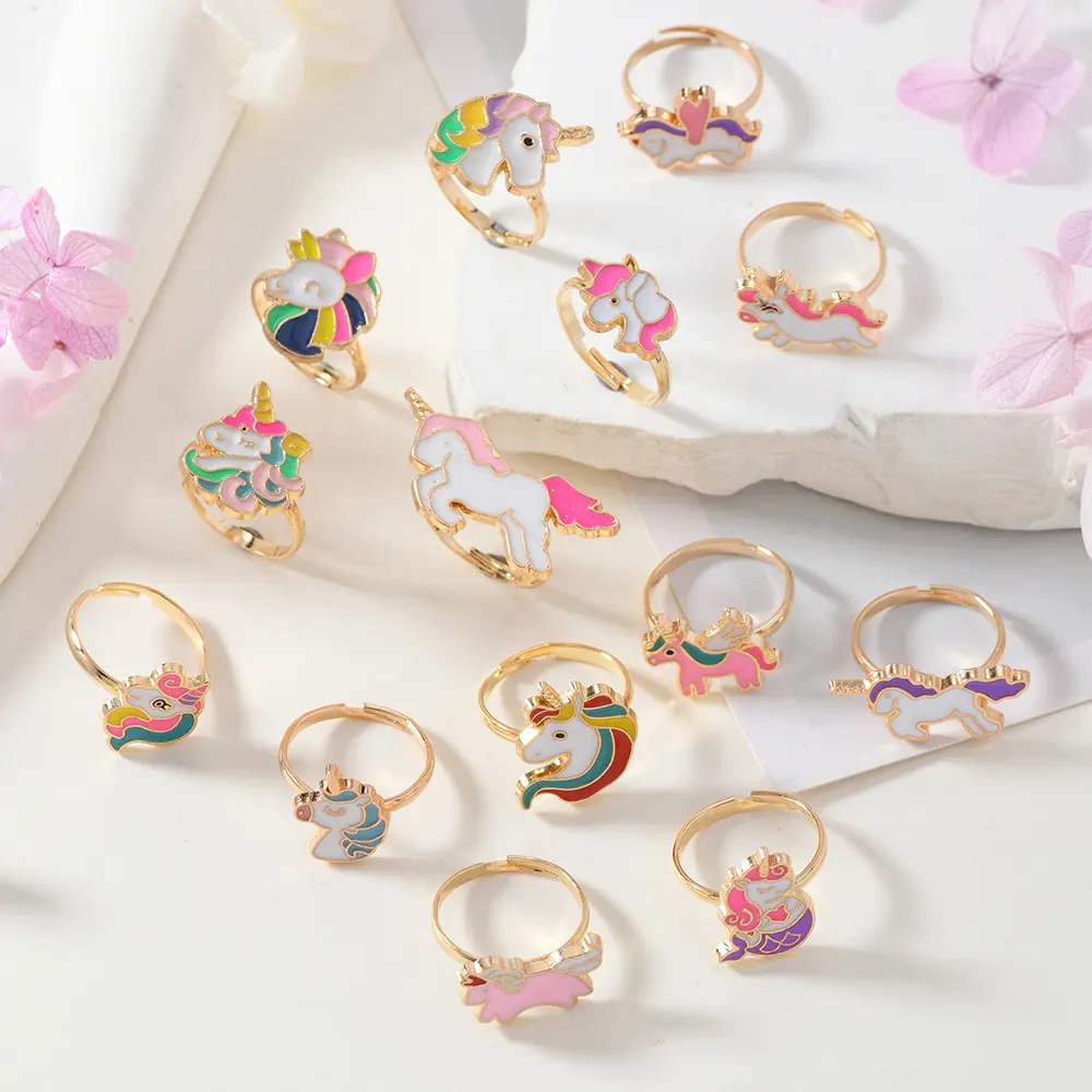 14Pcs/Box Children Cute Adjustable Rings Pretend Play Makeup Toys for Girls Gifts Flower Unicon Alloy Rings Fashion Beauty