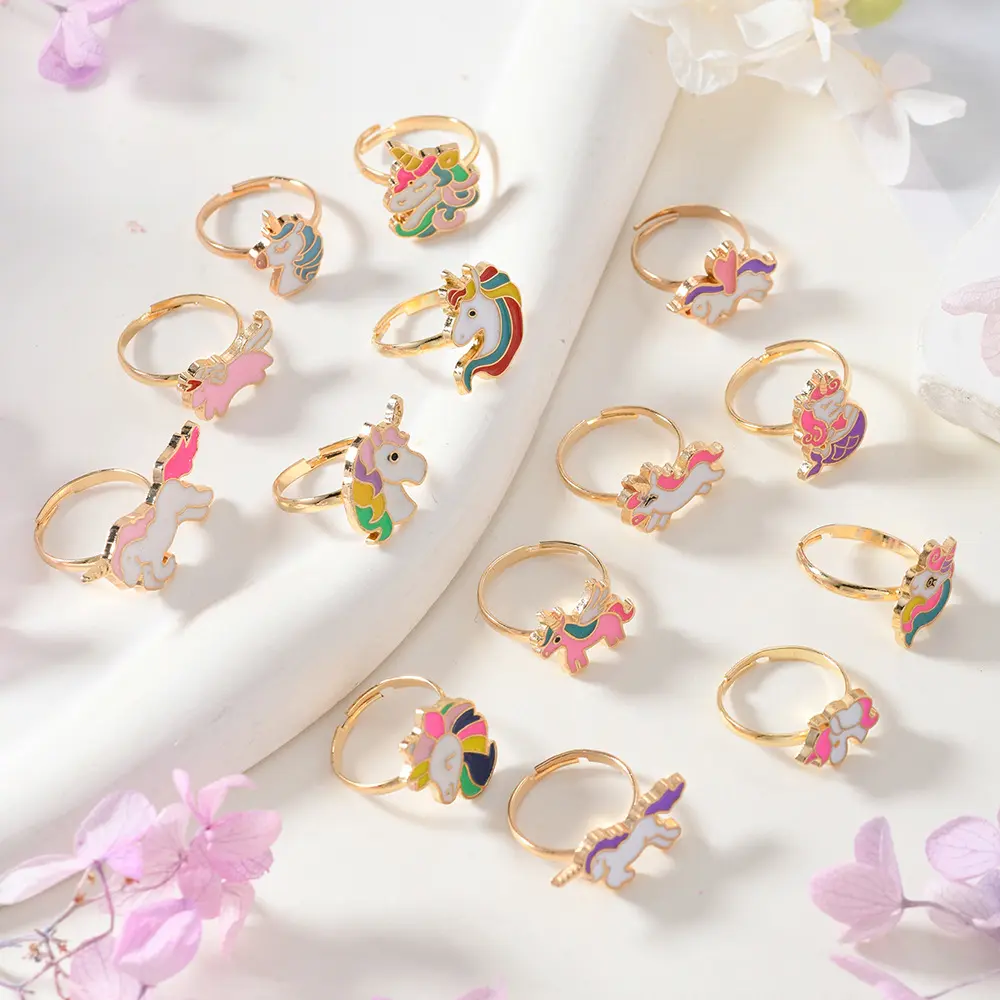 14Pcs/Box Children Cute Adjustable Rings Pretend Play Makeup Toys for Girls Gifts Flower Unicon Alloy Rings Fashion Beauty