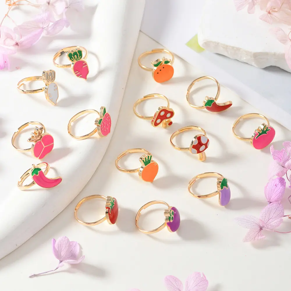 14Pcs/Box Children Cute Adjustable Rings Pretend Play Makeup Toys for Girls Gifts Flower Unicon Alloy Rings Fashion Beauty