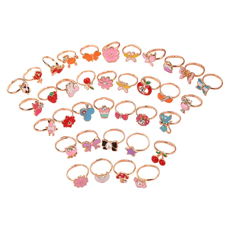 12/36PCS/set Adjustable Kids Rings Jewelry Cartoon Crystal Animal Alloy Open Finger Ring For Children Girls Birthday Party Gift
