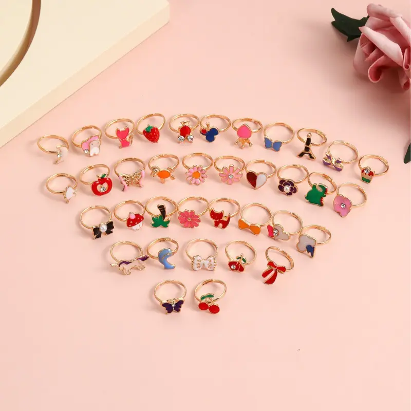 12/36PCS/set Adjustable Kids Rings Jewelry Cartoon Crystal Animal Alloy Open Finger Ring For Children Girls Birthday Party Gift