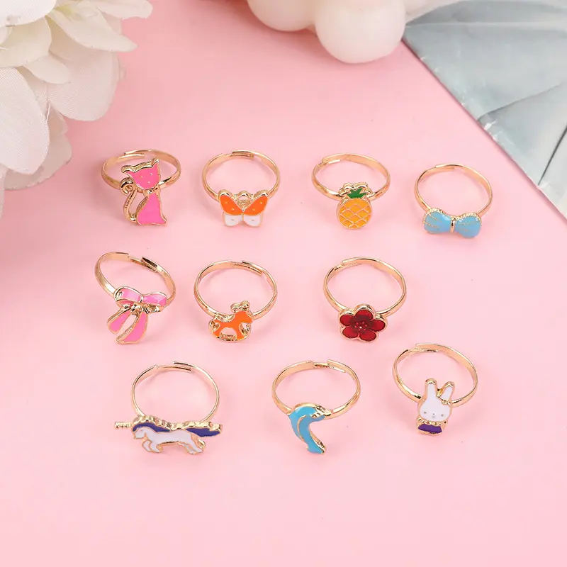 12/36PCS/set Adjustable Kids Rings Jewelry Cartoon Crystal Animal Alloy Open Finger Ring For Children Girls Birthday Party Gift