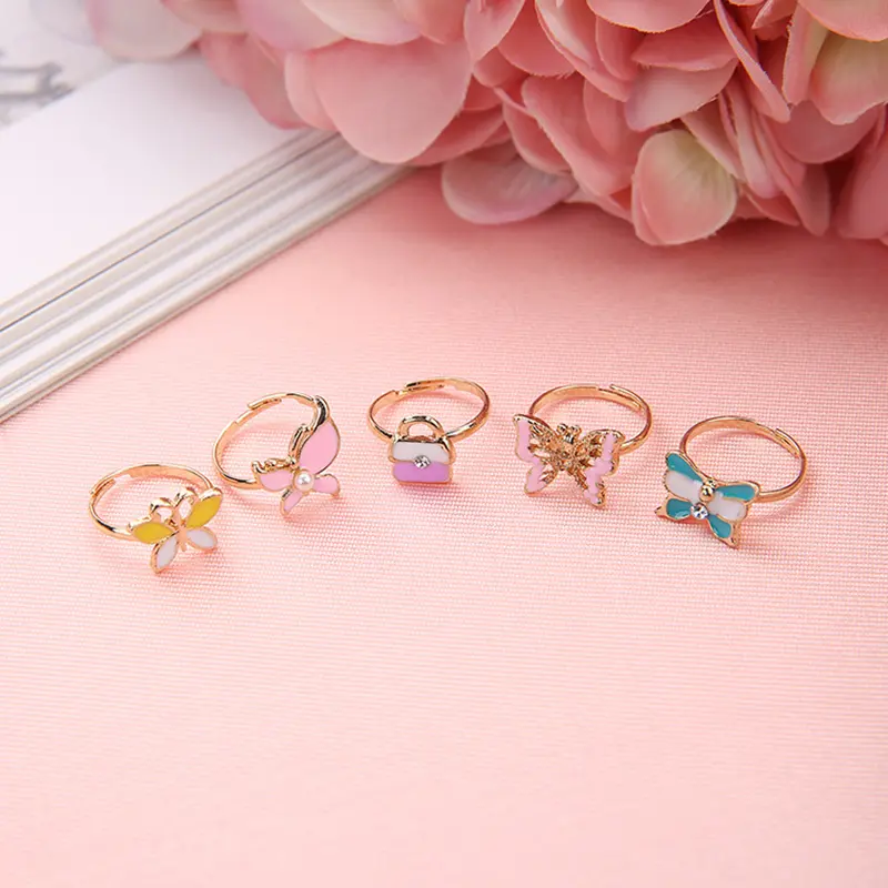 12/36PCS/set Adjustable Kids Rings Jewelry Cartoon Crystal Animal Alloy Open Finger Ring For Children Girls Birthday Party Gift