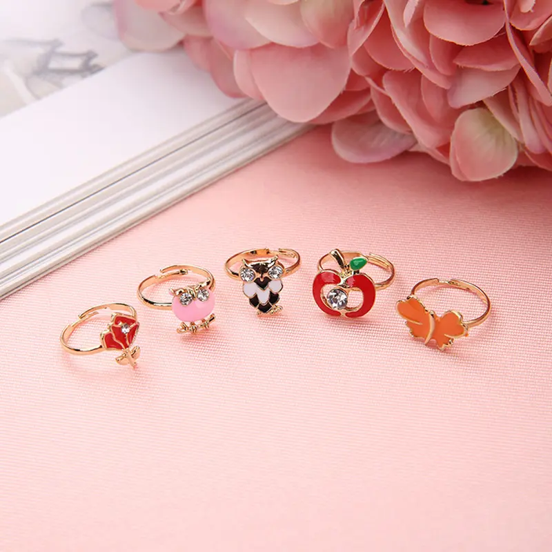 12/36PCS/set Adjustable Kids Rings Jewelry Cartoon Crystal Animal Alloy Open Finger Ring For Children Girls Birthday Party Gift