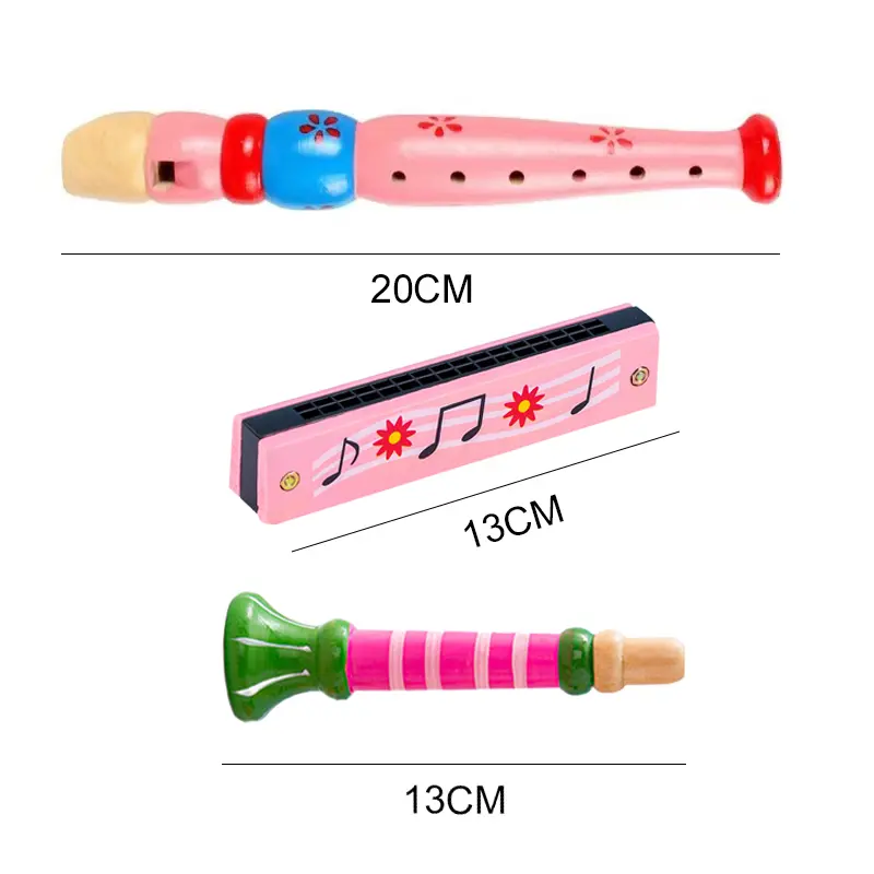 Wooden Musical Instrument Toys for Kid, Wooden Cartoon Piccolo & Harmonica & Trumpet,  Music Early Educational Toys for Children