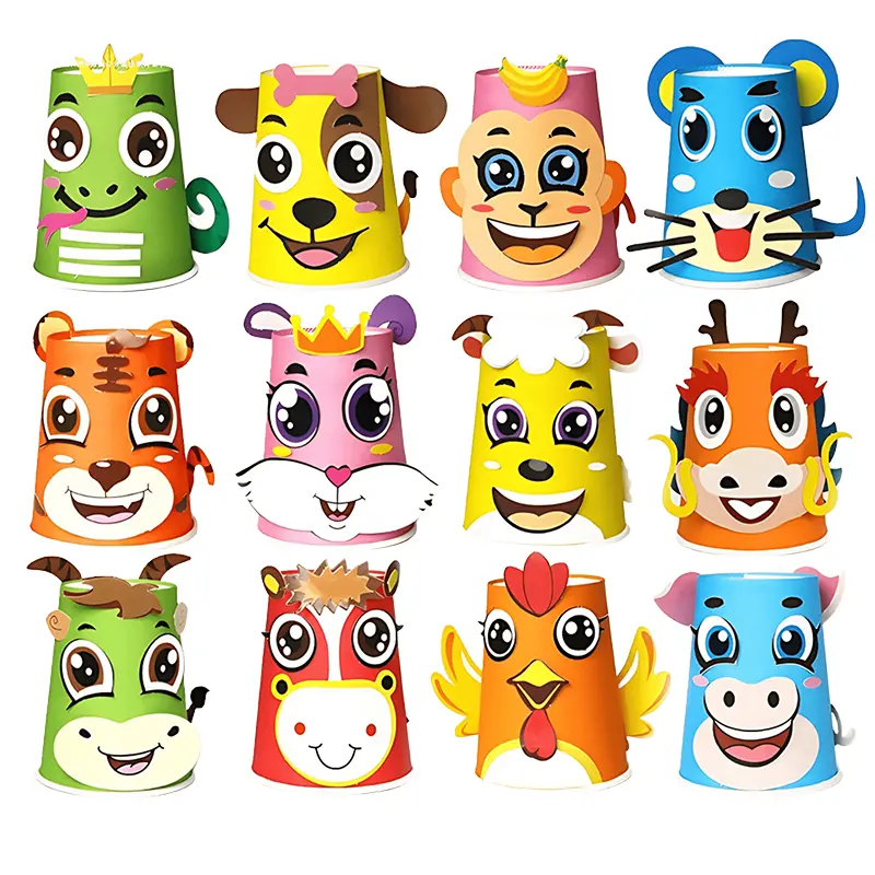 12PCS Paper Cup Sticker Cute Cartoon Creative Animal Zodiac Style 3D DIY Handmade Material Kindergarten School Artcraft Gift ZYF