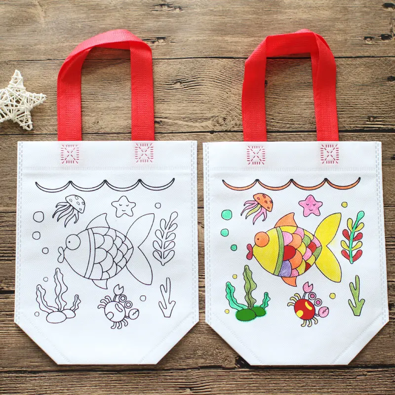 5pcs Graffiti Bag Non Woven Kids Drawing Manual DIY Coloring Environment Protection Children Painting Puzzle Toys Handbag TMZ