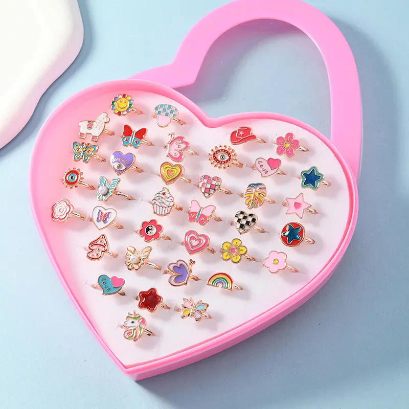 6/12/36pcs Adjustable Rings for Girls Pretend Play Makeup Toys for kids Cartoon Jewelry Alloy Rings Birthday Gifts for Girls