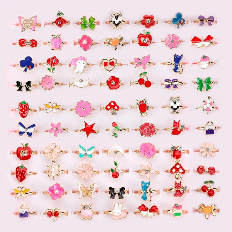 6/12Pcs Cute Cartoon Kids Rings Kawaii Children Girls Flower Alloy Finger Rings Child Jewelry Birthday Gift Adjustable Rings