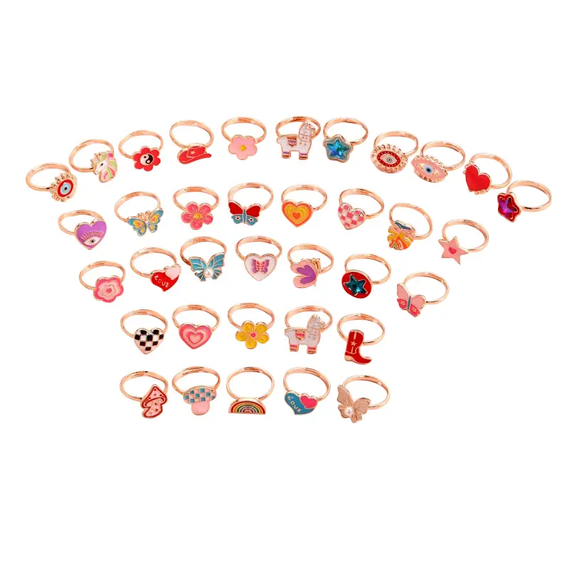 6/12/36pcs Cute Adjustable Rings Children Girls Pretend Play Makeup Toys Cartoon Crystal Jewelry Alloy Animal Enamel Rings