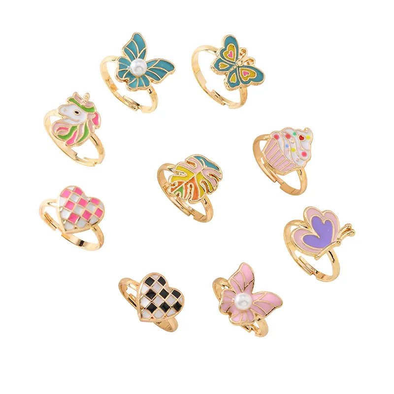 6/12/36pcs Cute Adjustable Rings Children Girls Pretend Play Makeup Toys Cartoon Crystal Jewelry Alloy Animal Enamel Rings