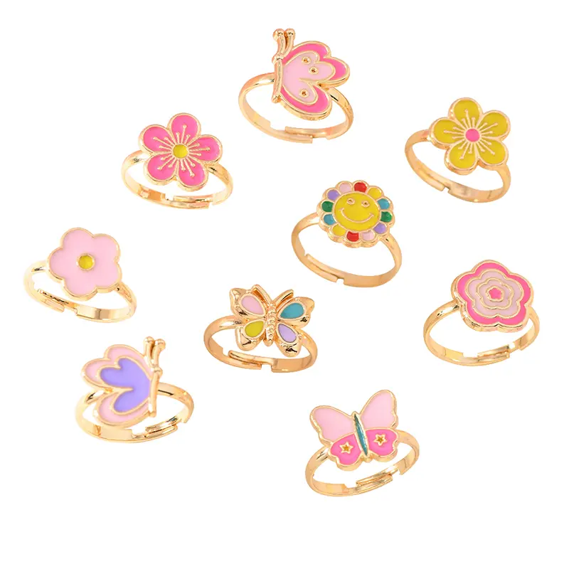 6/12/36pcs Cute Adjustable Rings Children Girls Pretend Play Makeup Toys Cartoon Crystal Jewelry Alloy Animal Enamel Rings