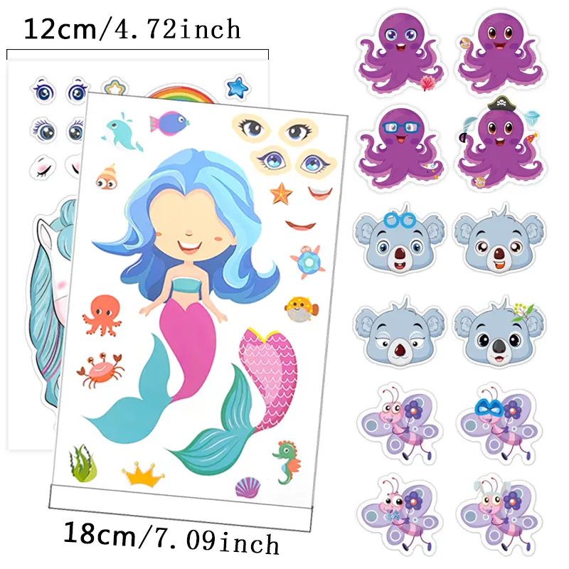 Make an Animal Face DIY Sticker Mixed Cartoon Animals Mermaid Face Jigsaw Puzzle Stickers Cartoon Pet Artclass Supplies Gift ZYF