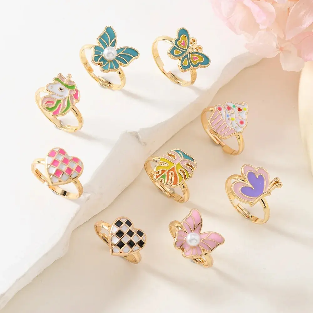 9Pcs Adjustable Rings for Girls Women Flower Butterfly Heart  Alloy Ring Fashion Beauty Jewelry Christmas New Year Gift for Girl