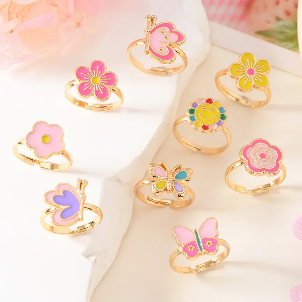 9Pcs/Box Children Cute Rings Adjustable Pretend Play Makeup Toys for Girls Gifts Flower Heart Alloy Rings Fashion Beauty