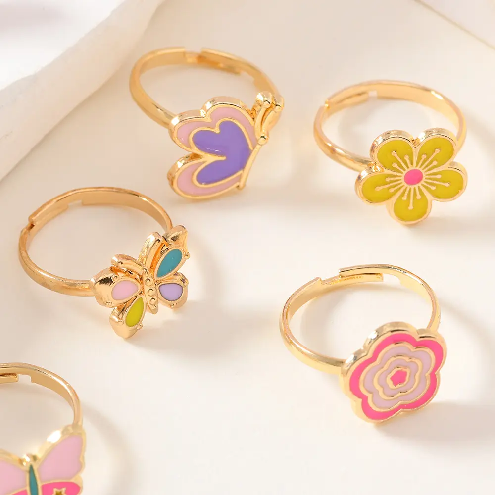 9Pcs/Box Children Cute Rings Adjustable Pretend Play Makeup Toys for Girls Gifts Flower Heart Alloy Rings Fashion Beauty