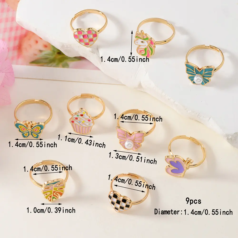 9Pcs/Box Children Cute Rings Adjustable Pretend Play Makeup Toys for Girls Gifts Flower Heart Alloy Rings Fashion Beauty