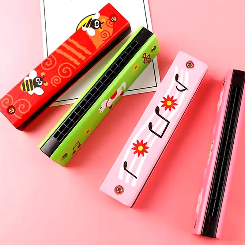 1PC 16-Hole Wooden Harmonica Colorful Cartoon Style Mouth Organ Child Beginner Musical Instrument Toys Early Education Props ZYF