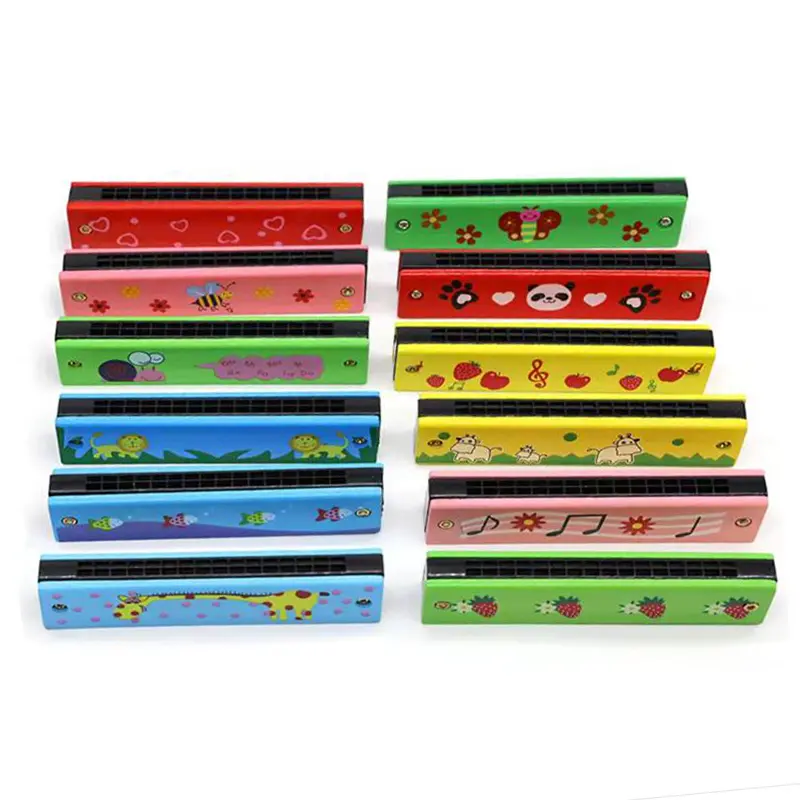 1PC 16-Hole Wooden Harmonica Colorful Cartoon Style Mouth Organ Child Beginner Musical Instrument Toys Early Education Props ZYF