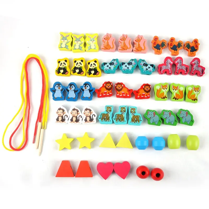 26pcs Wooden Toys Baby DIY Toy Cartoon Fruit Animal Stringing Threading Wooden Beads Toy Monterssori Educational for Kid