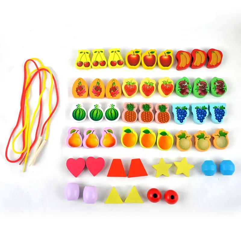 26pcs Wooden Toys Baby DIY Toy Cartoon Fruit Animal Stringing Threading Wooden Beads Toy Monterssori Educational for Kid