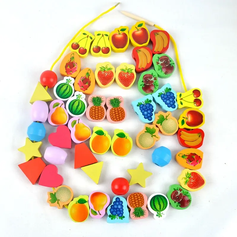 26pcs Wooden Toys Baby DIY Toy Cartoon Fruit Animal Stringing Threading Wooden Beads Toy Monterssori Educational for Kid
