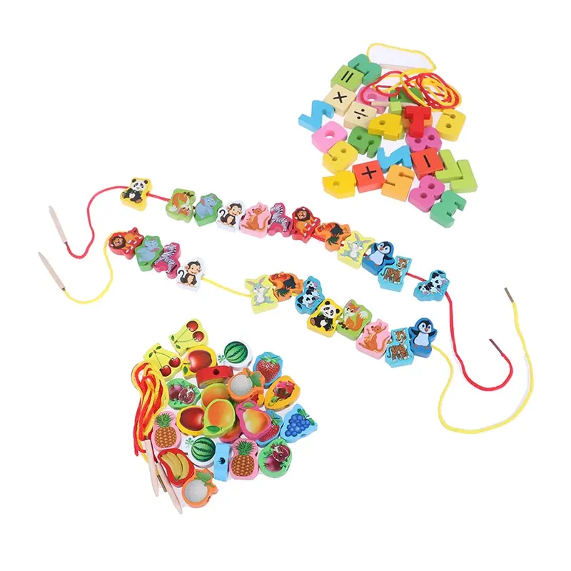 26pcs Wooden Toys Baby DIY Toy Cartoon Fruit Animal Stringing Threading Wooden Beads Toy Monterssori Educational for Kid