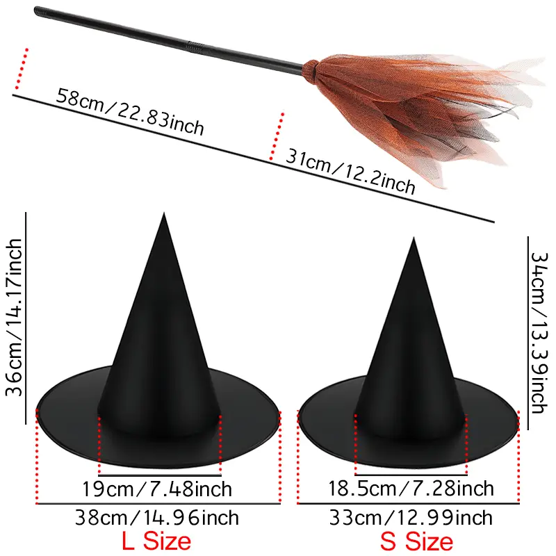 Wizard Hat Witch Broom Black Magic Hat S/L 2 Sizes Colorful Brooms Halloween Party Props Cosplay Costume Festival Masquerade ZYF
