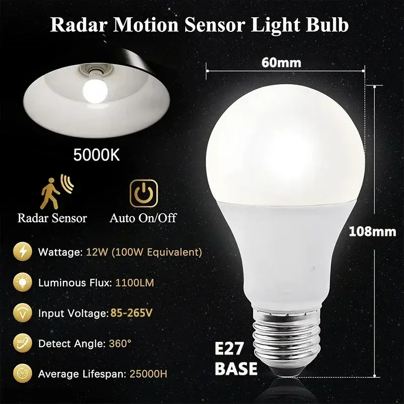 10W 1~2Pack LED Bulb Light E26/27 Radar Motion Sensor 85-265V White Smart Lamp Working Night for Home Living Room Stair Pathway