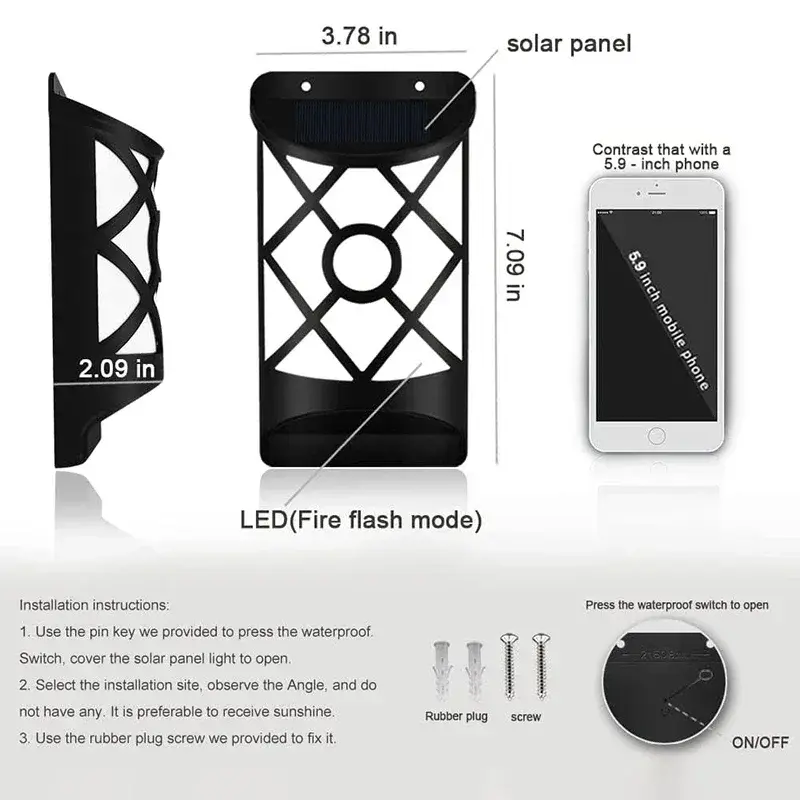 1/2/3/4Pcs 96LED Solar Flame Lame Lattice Design Outdoor Flickering Wall Lights Garden Pathway Yard Christmas Decor Waterproof