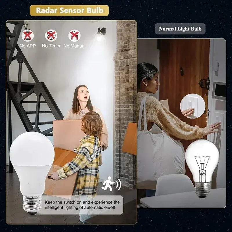 10W 1~2Pack LED Bulb Light E26/27 Radar Motion Sensor 85-265V White Smart Lamp Working Night for Home Living Room Stair Pathway