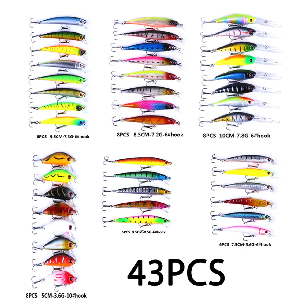 56/43/30/20/10/5Pcs Fishing Lures Kit Crankbait Tackle Minnow Popper Pencil Swimbaits Hook Freshwater Saltwater Hard Baits Set