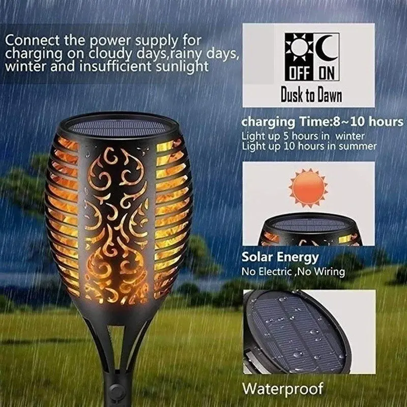 1~12PCS Solar Flame Light Outdoor 96/12 LEDs Flickering Torch Waterproof Night Lamp Garden Decoration for Lawn Path Yard Patio