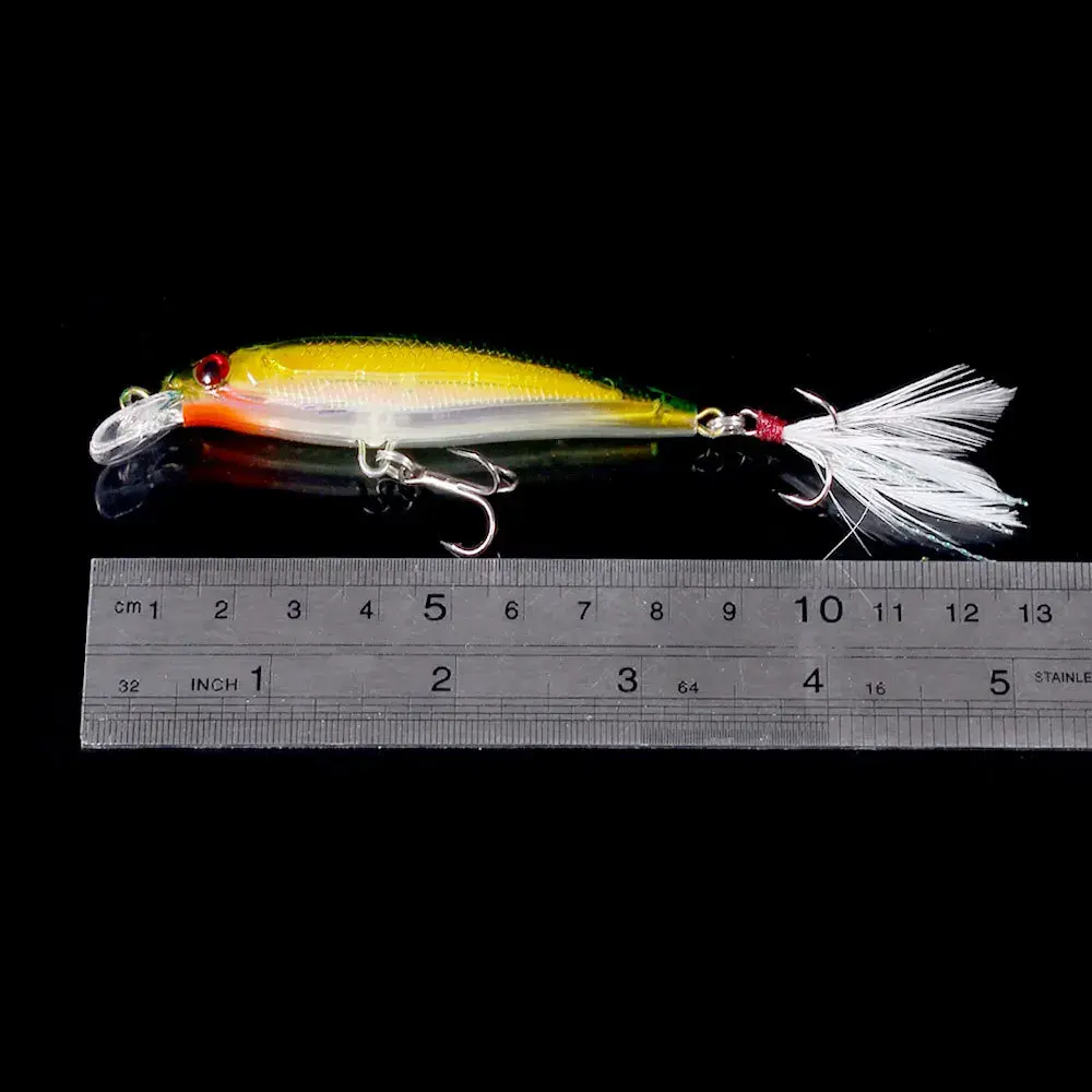 Laser Minnow Fishing Lure Artificial Bionic 9cm/7g Swing Hard Bait with Feather Tackle Hook Wobbler Pesca for Bass Pike 10/5Pcs